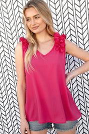 Fuchsia Frill Shoulder Sleeveless Crepe Woven Top | Daverri Fashions