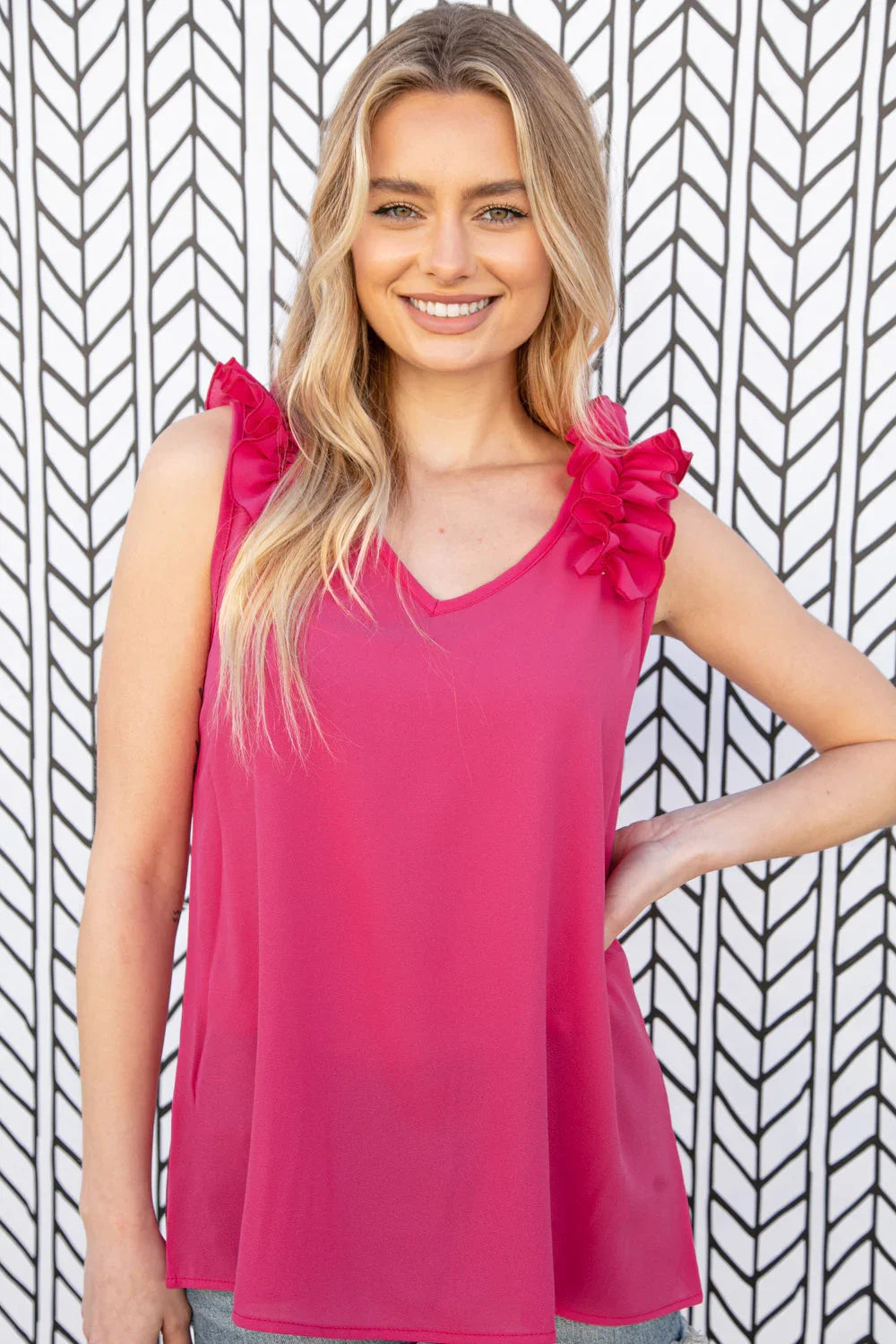 Fuchsia Frill Shoulder Sleeveless Crepe Woven Top | Daverri Fashions