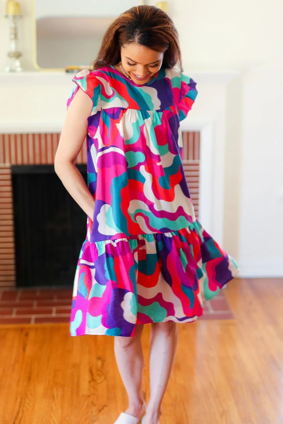 Go For Fun Fuchsia Geo Print Tiered Ruffle Sleeve Woven Dress | Daverri Fashions