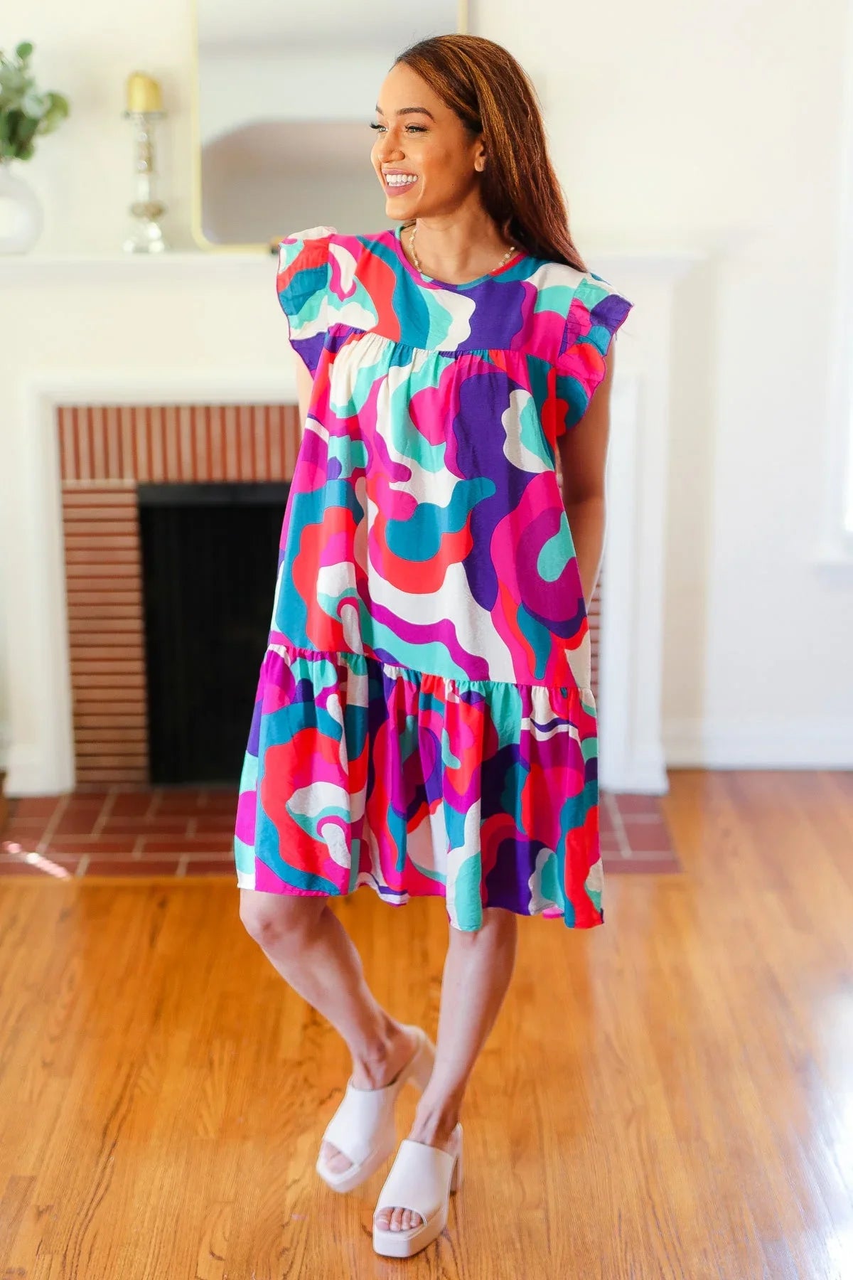 Go For Fun Fuchsia Geo Print Tiered Ruffle Sleeve Woven Dress | Daverri Fashions