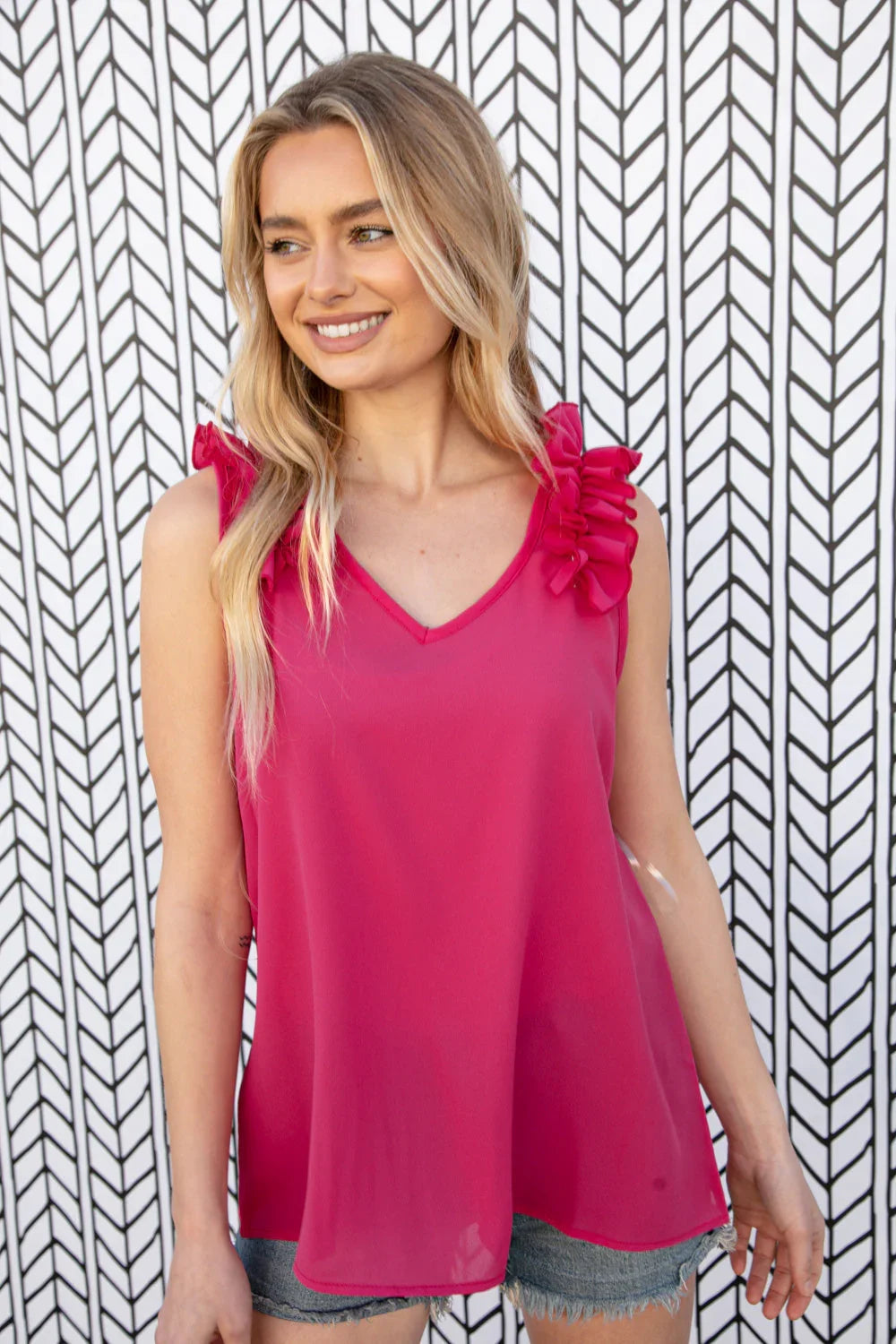 Fuchsia Frill Shoulder Sleeveless Crepe Woven Top | Daverri Fashions