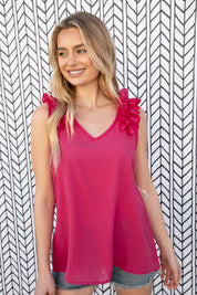 Fuchsia Frill Shoulder Sleeveless Crepe Woven Top | Daverri Fashions