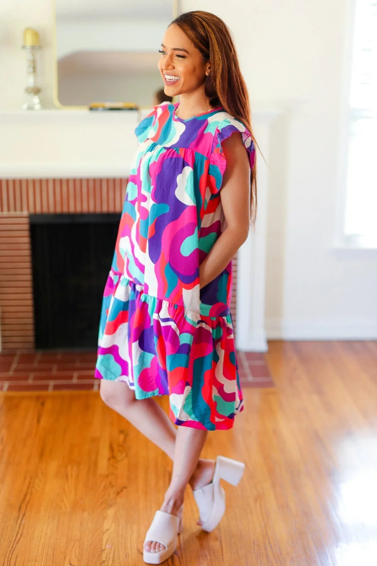 Go For Fun Fuchsia Geo Print Tiered Ruffle Sleeve Woven Dress | Daverri Fashions