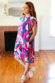 Go For Fun Fuchsia Geo Print Tiered Ruffle Sleeve Woven Dress | Daverri Fashions
