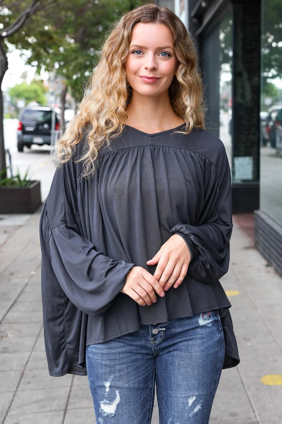 Casual Chic Charcoal V Neck Yoke Modal Knit Top | Daverri Fashions
