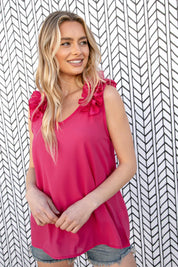 Fuchsia Frill Shoulder Sleeveless Crepe Woven Top | Daverri Fashions