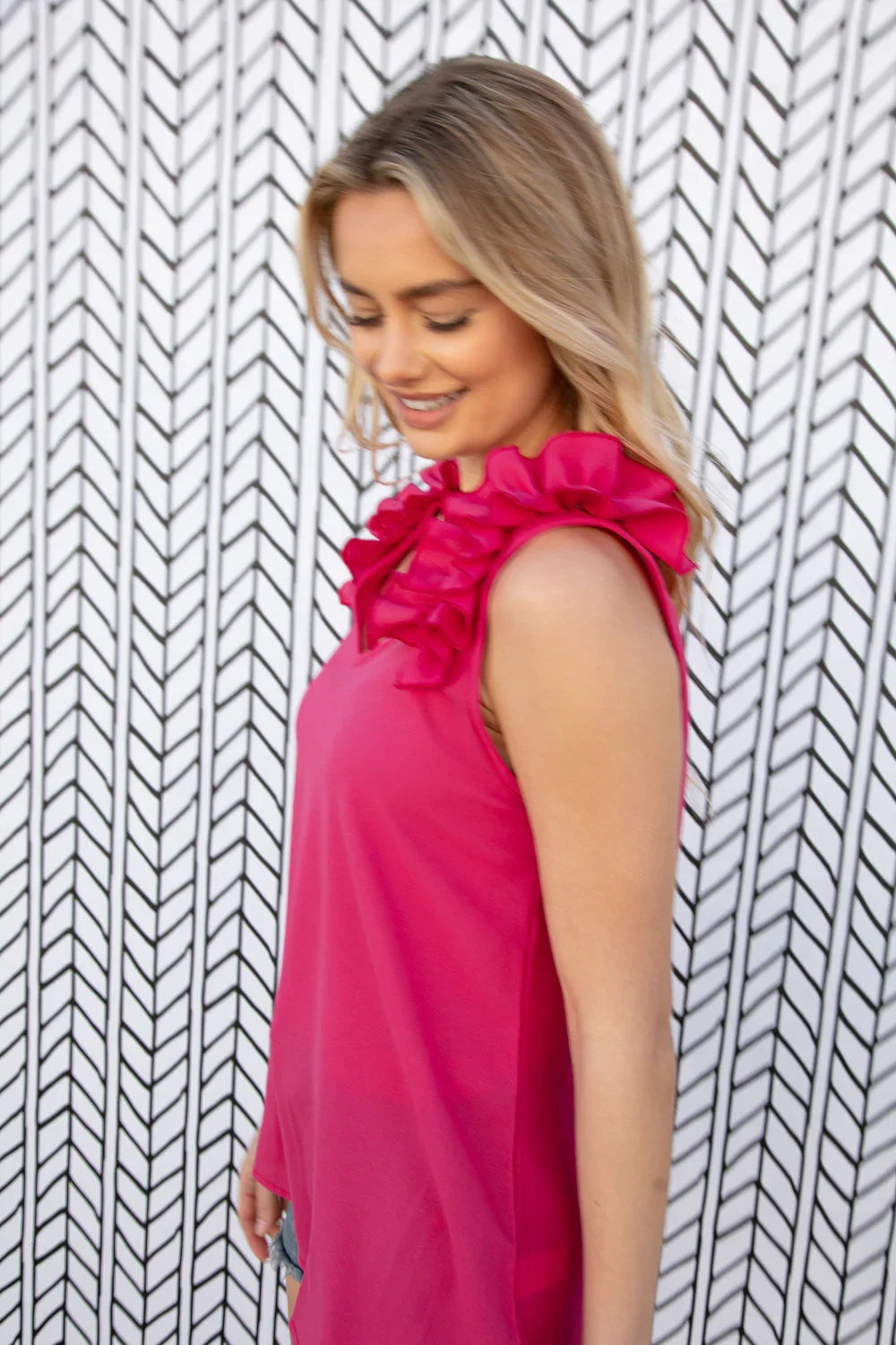 Fuchsia Frill Shoulder Sleeveless Crepe Woven Top | Daverri Fashions