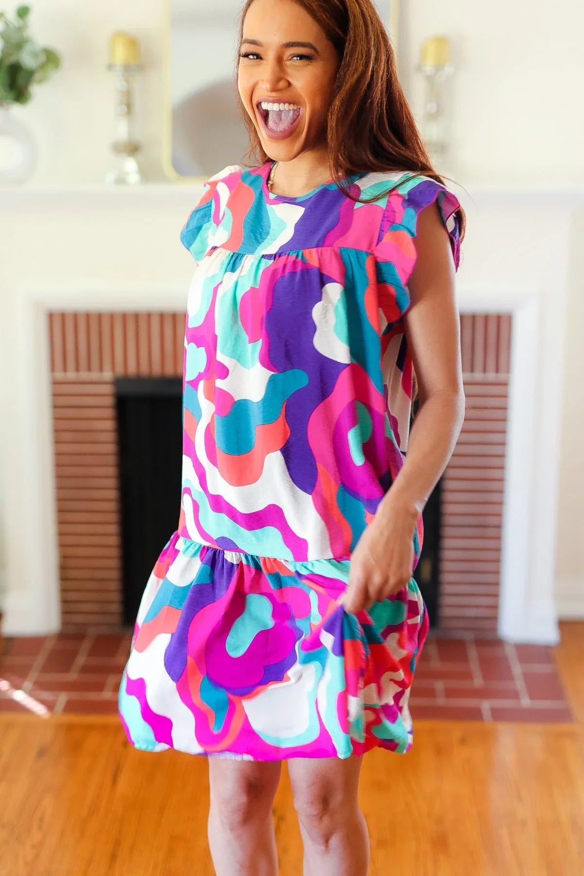 Go For Fun Fuchsia Geo Print Tiered Ruffle Sleeve Woven Dress | Daverri Fashions