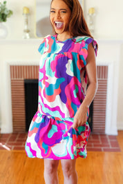 Go For Fun Fuchsia Geo Print Tiered Ruffle Sleeve Woven Dress | Daverri Fashions