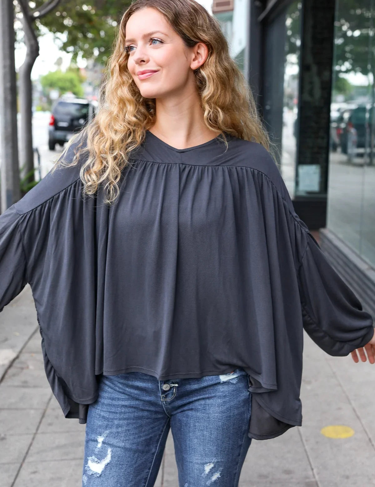 Casual Chic Charcoal V Neck Yoke Modal Knit Top | Daverri Fashions