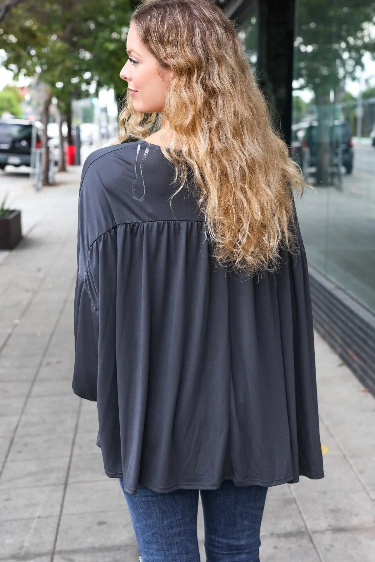 Casual Chic Charcoal V Neck Yoke Modal Knit Top | Daverri Fashions