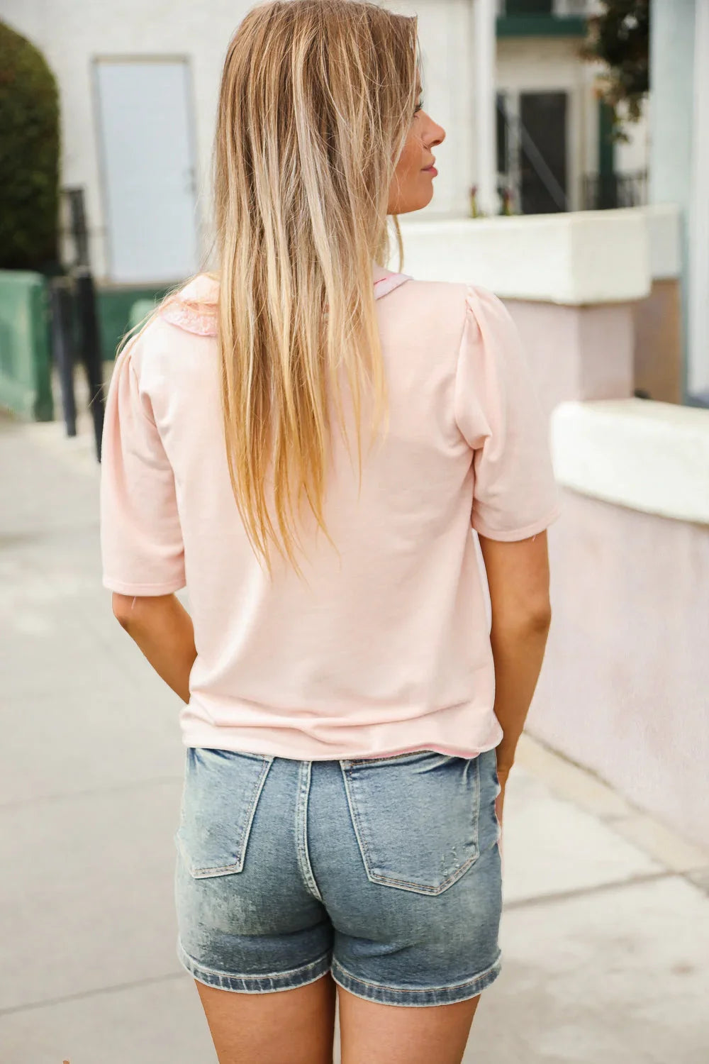 New Day Blush Flat Collar Floral French Terry Blouse | Daverri Fashions