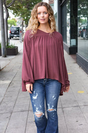 Casual Chic Wine V Neck Yoke Modal Knit Oversized Top | Daverri Fashions