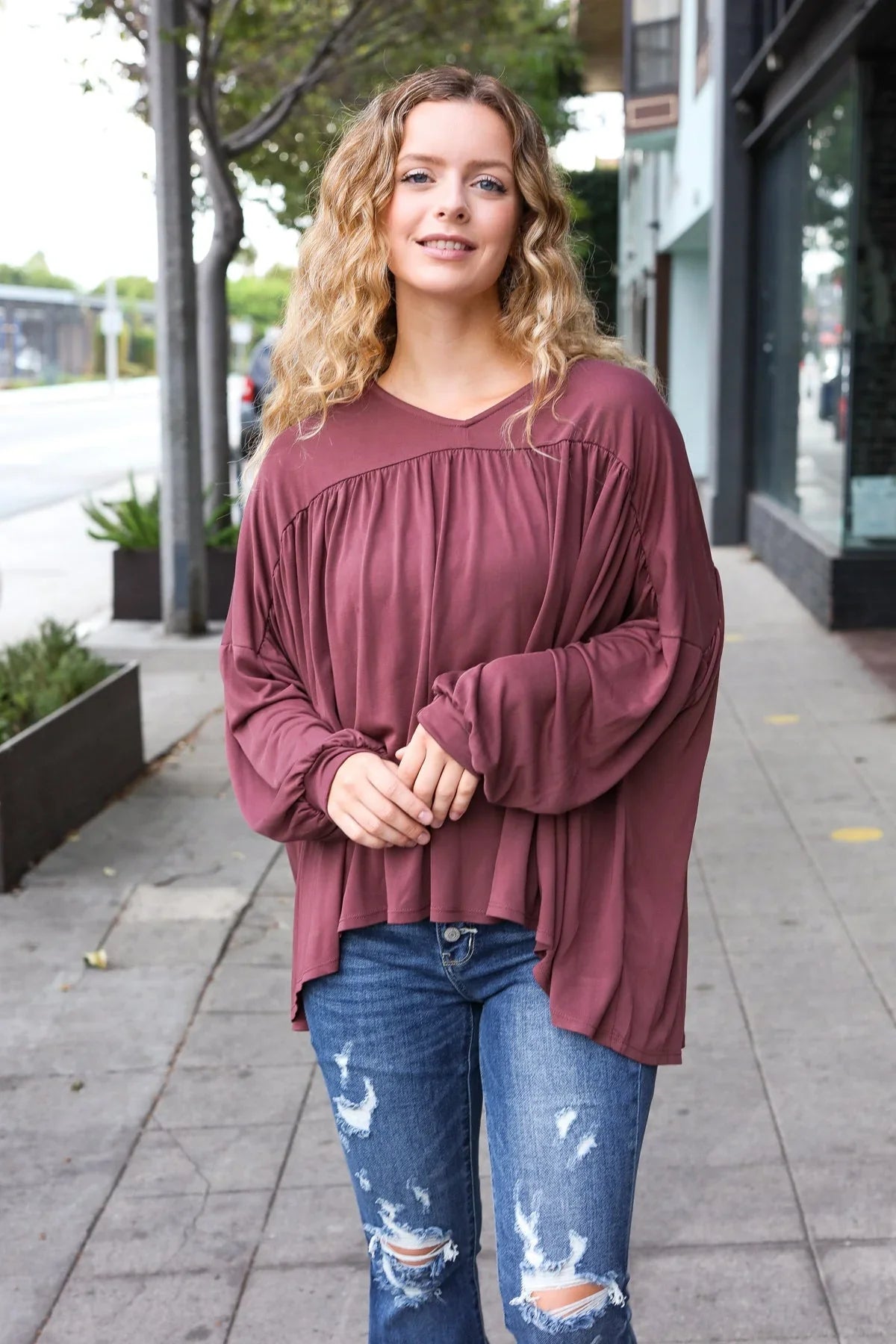Casual Chic Wine V Neck Yoke Modal Knit Oversized Top | Daverri Fashions