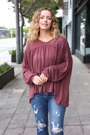 Casual Chic Wine V Neck Yoke Modal Knit Oversized Top | Daverri Fashions