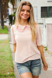 New Day Blush Flat Collar Floral French Terry Blouse | Daverri Fashions