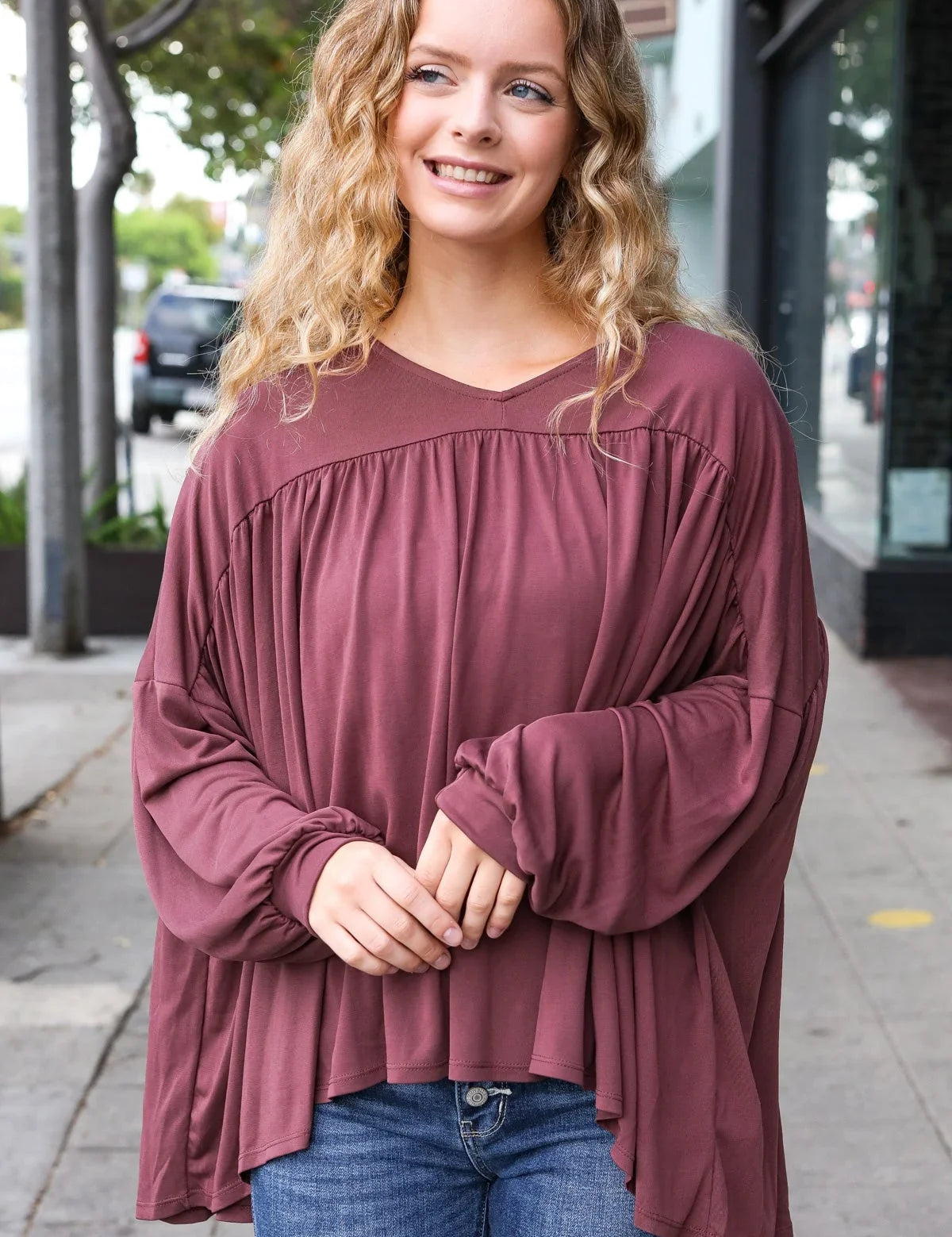 Casual Chic Wine V Neck Yoke Modal Knit Oversized Top | Daverri Fashions