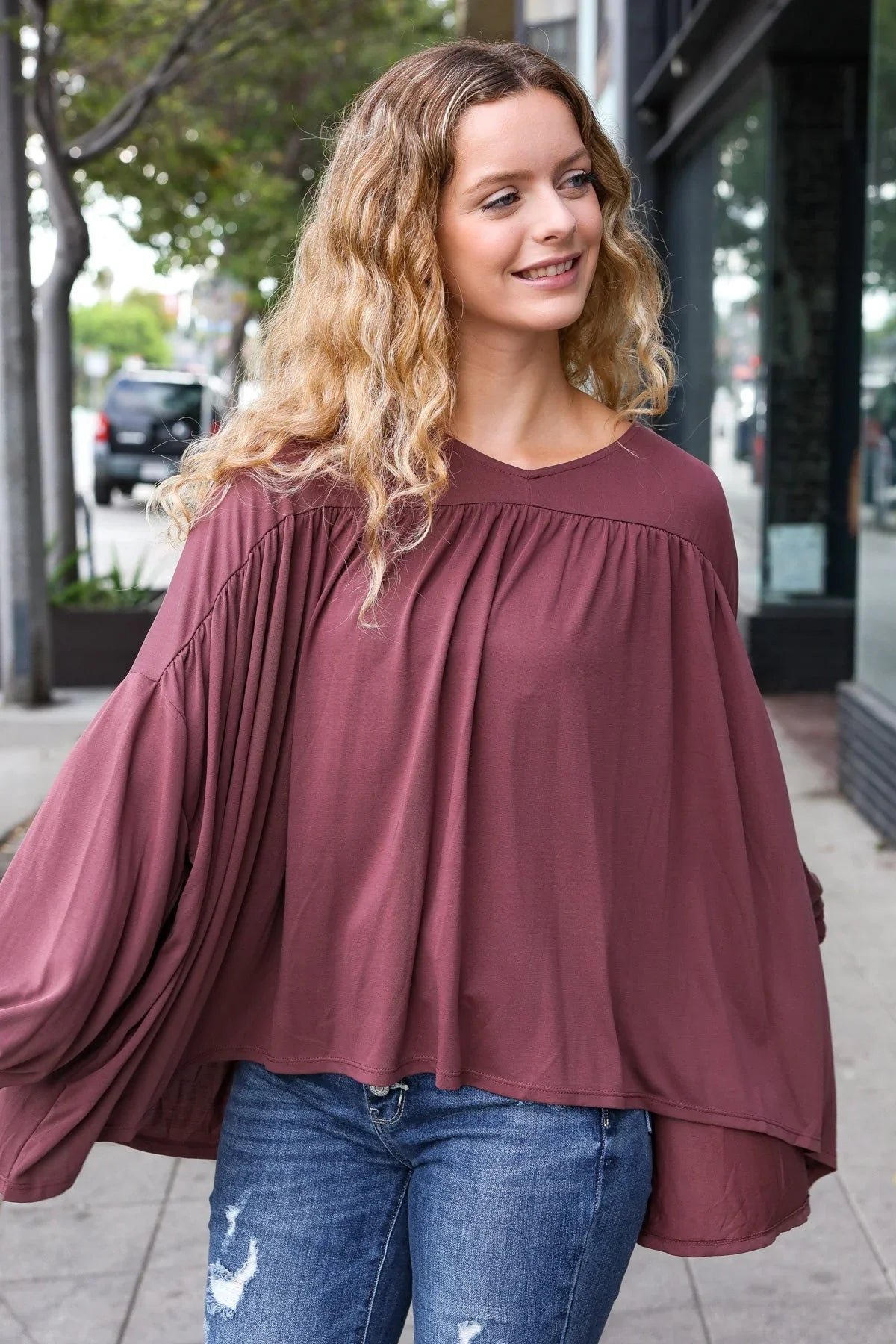 Casual Chic Wine V Neck Yoke Modal Knit Oversized Top | Daverri Fashions