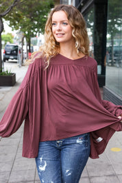 Casual Chic Wine V Neck Yoke Modal Knit Oversized Top | Daverri Fashions