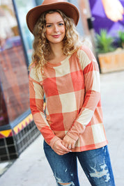 Rust Checker Plaid French Terry Top | Daverri Fashions