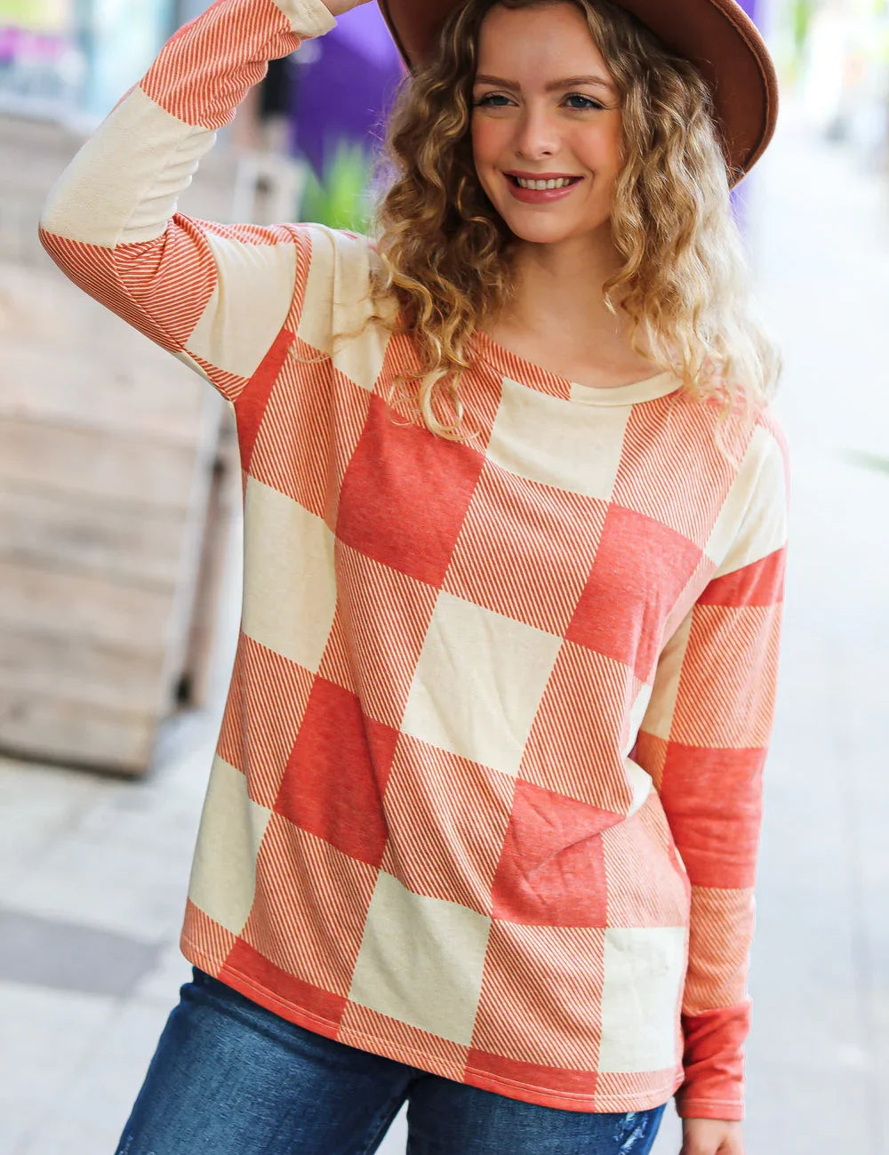 Rust Checker Plaid French Terry Top | Daverri Fashions