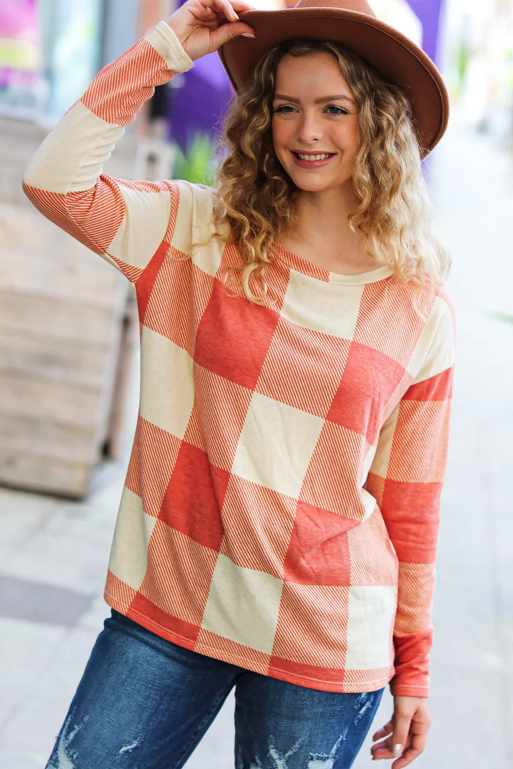 Rust Checker Plaid French Terry Top | Daverri Fashions