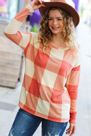 Rust Checker Plaid French Terry Top | Daverri Fashions