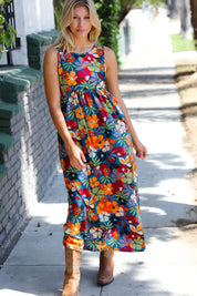 Teal & Maroon Flat Floral Fit and Flare Sleeveless Maxi Dress | Daverri Fashions