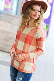 Rust Checker Plaid French Terry Top | Daverri Fashions