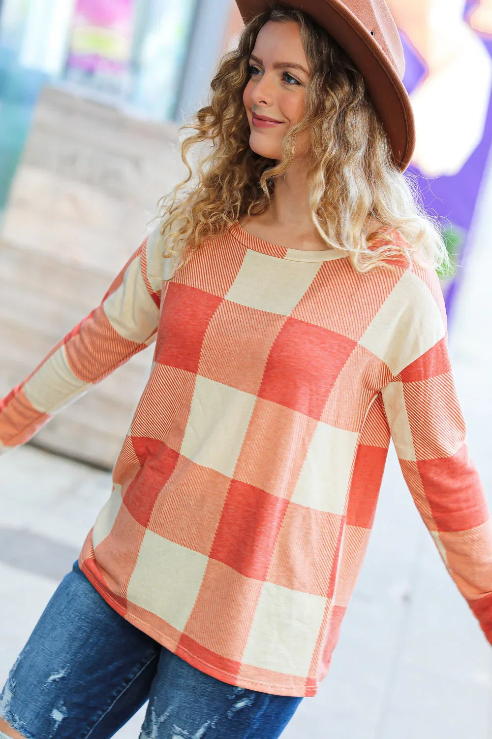 Rust Checker Plaid French Terry Top | Daverri Fashions