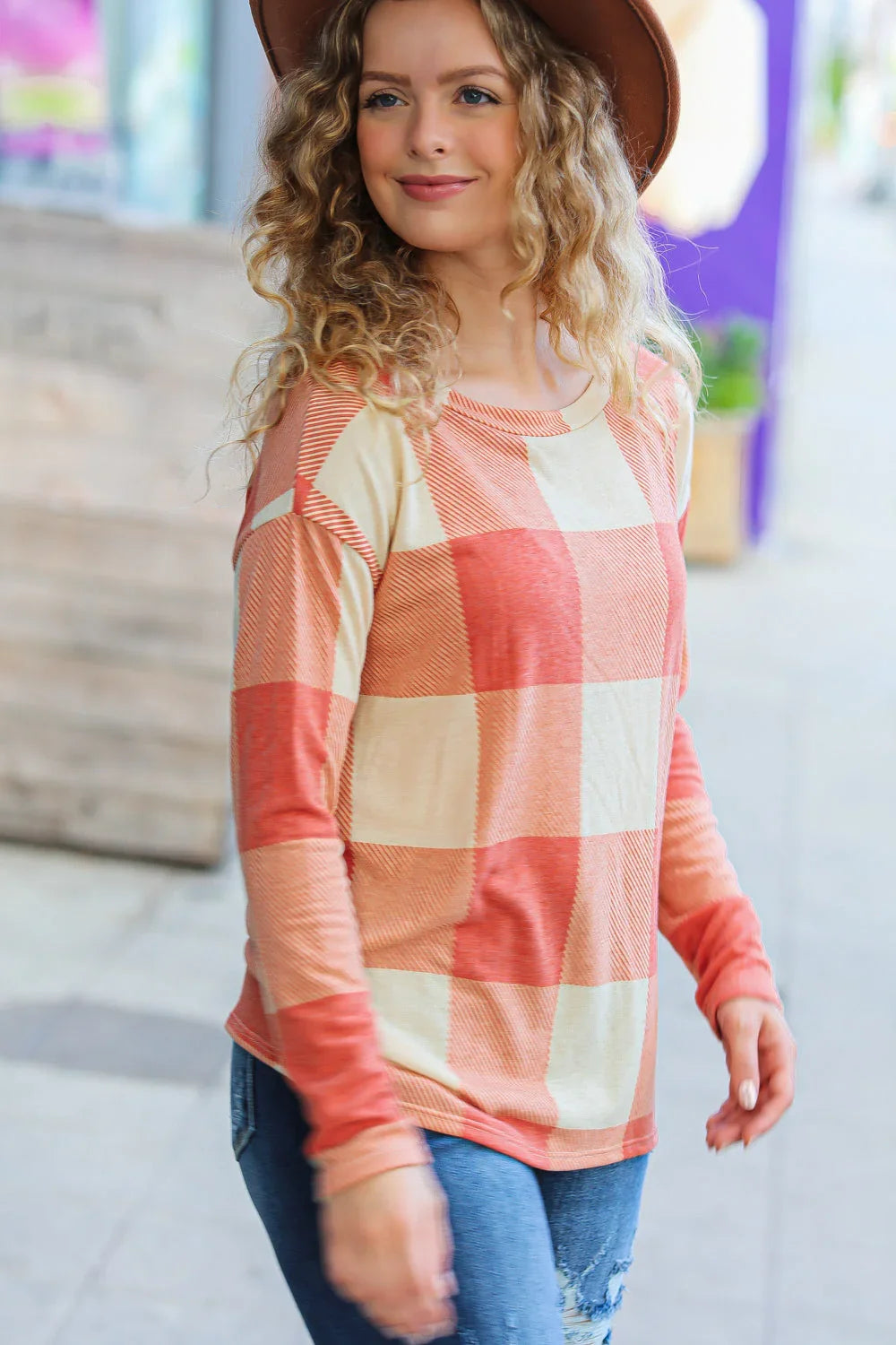 Rust Checker Plaid French Terry Top | Daverri Fashions