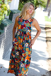 Teal & Maroon Flat Floral Fit and Flare Sleeveless Maxi Dress | Daverri Fashions