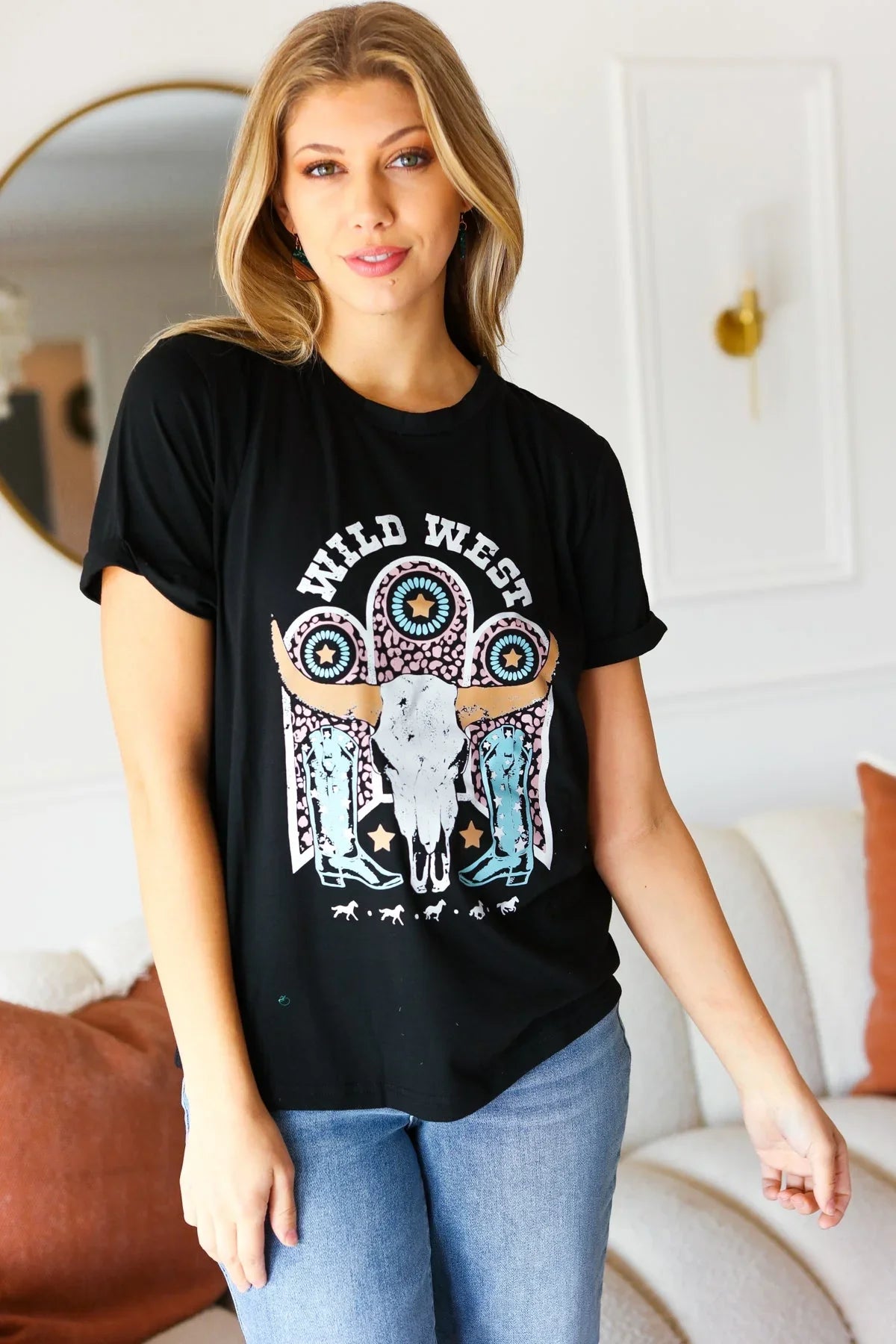 Black Cotton Wild West Graphic Tee | Daverri Fashions