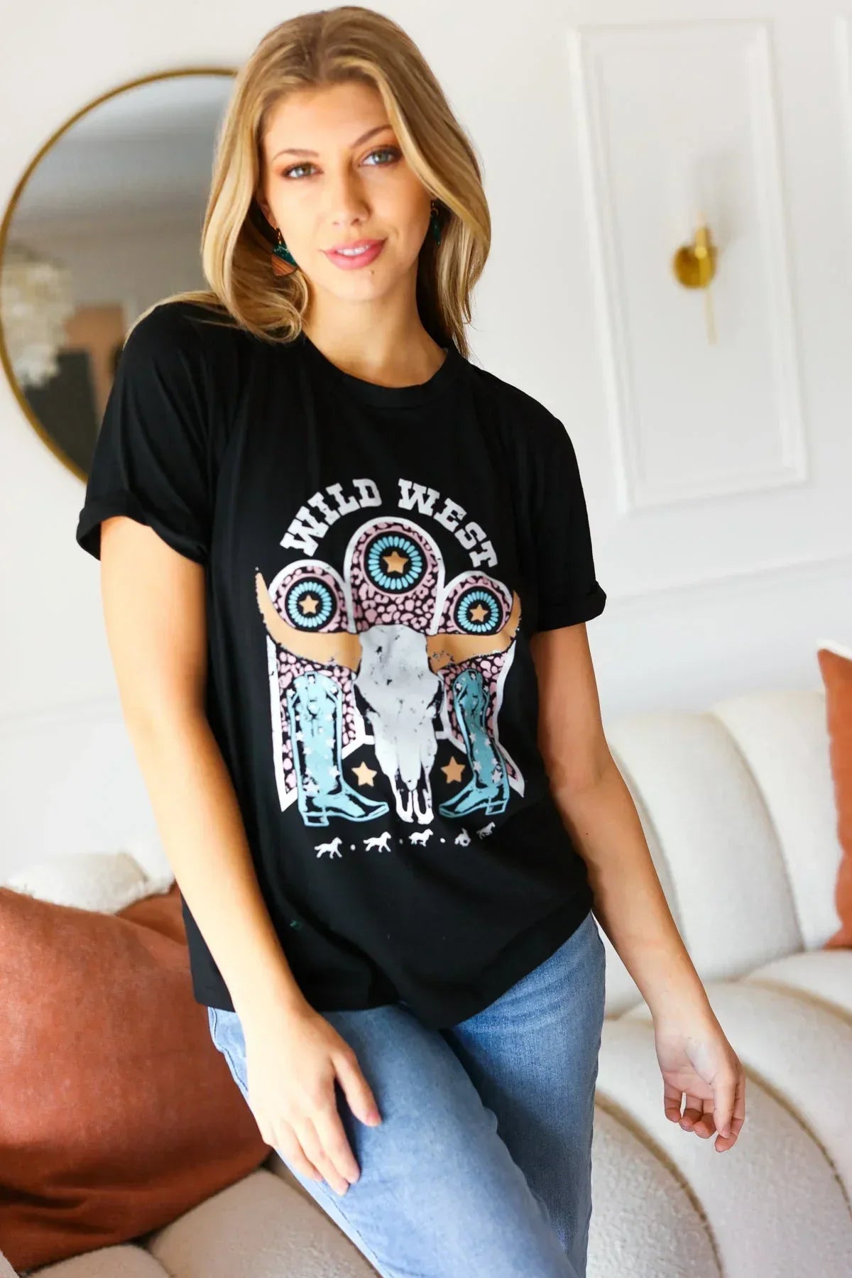 Black Cotton Wild West Graphic Tee - DAVERRI FASHIONS