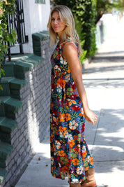 Teal & Maroon Flat Floral Fit and Flare Sleeveless Maxi Dress | Daverri Fashions
