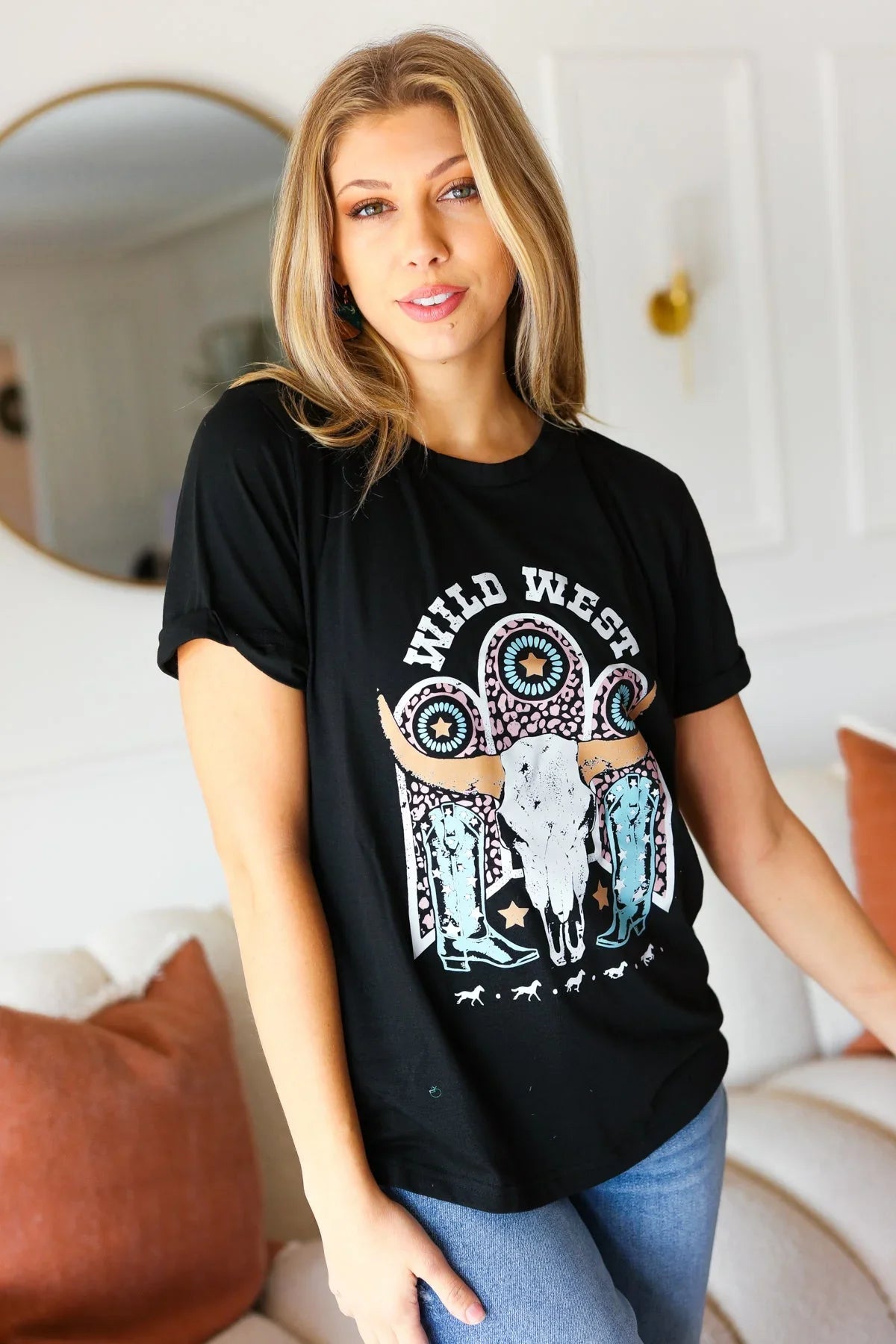 Black Cotton Wild West Graphic Tee | Daverri Fashions