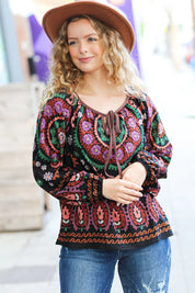 Take The Leap Black & Mauve Border Print Boho Tie Top | Daverri Fashions