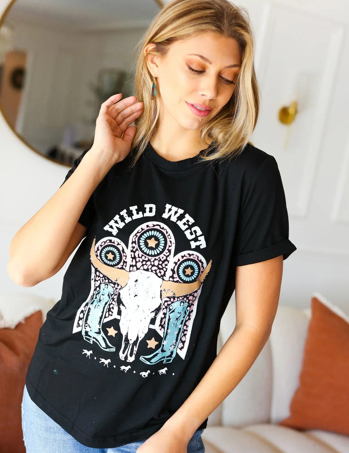 Black Cotton Wild West Graphic Tee | Daverri Fashions
