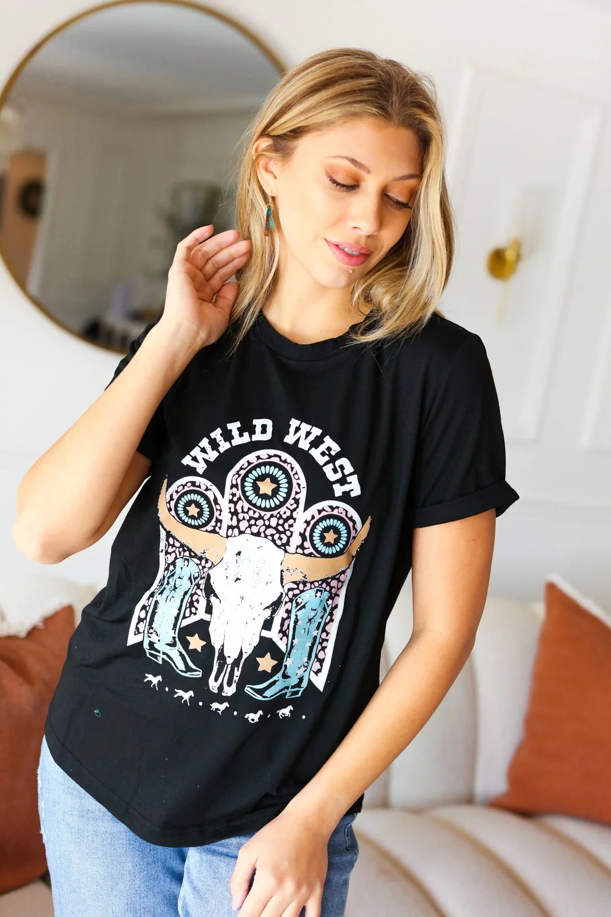 Black Cotton Wild West Graphic Tee | Daverri Fashions