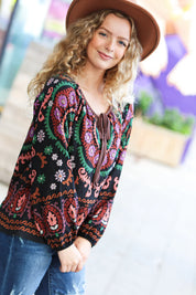 Take The Leap Black & Mauve Border Print Boho Tie Top | Daverri Fashions