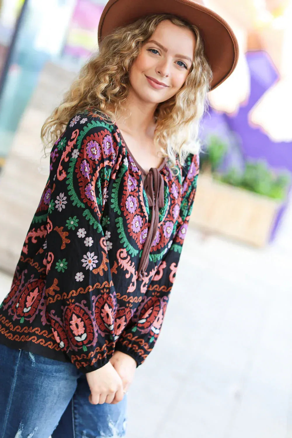 Take The Leap Black & Mauve Border Print Boho Tie Top - DAVERRI FASHIONS