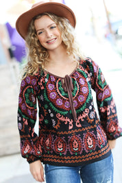 Take The Leap Black & Mauve Border Print Boho Tie Top | Daverri Fashions