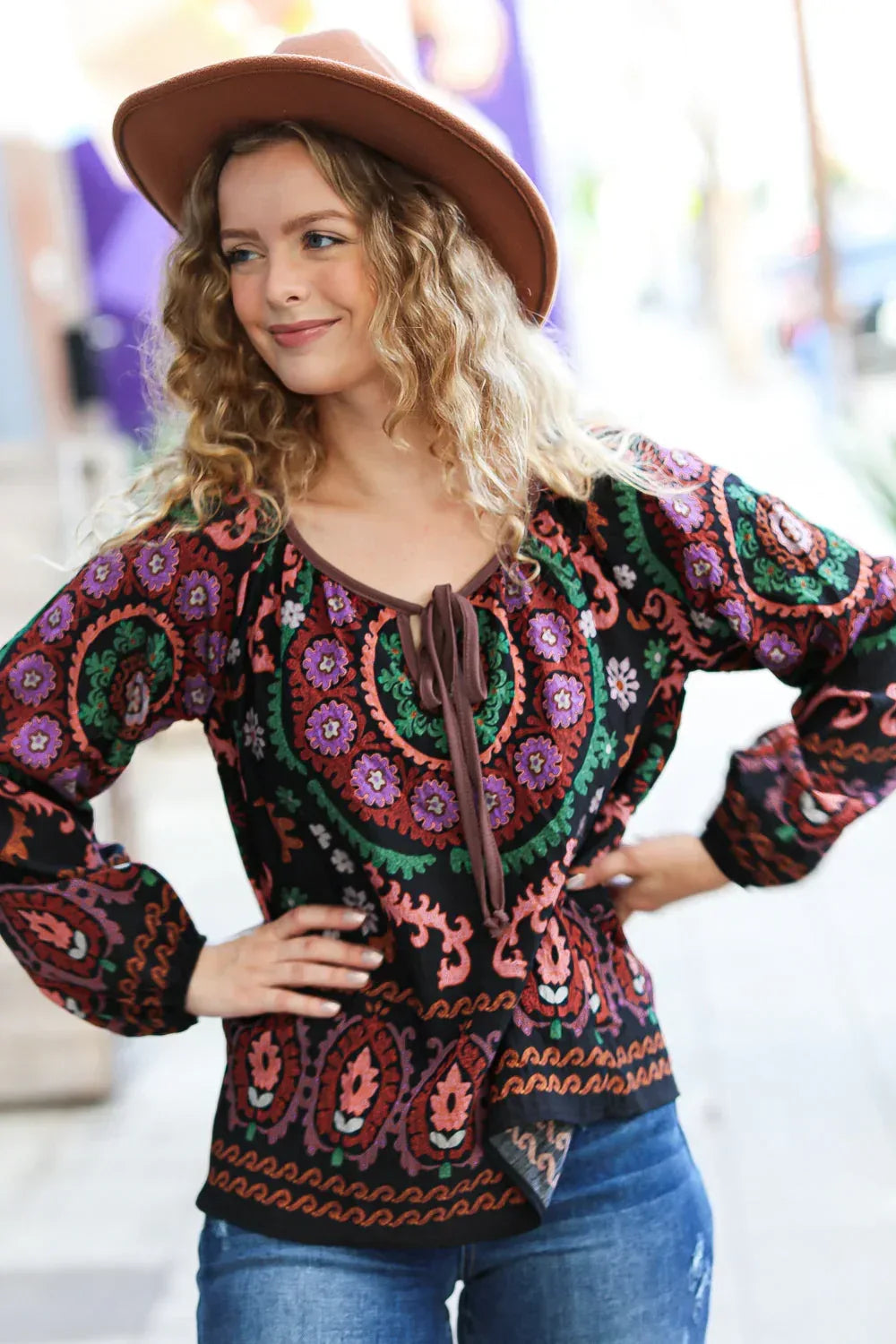 Take The Leap Black & Mauve Border Print Boho Tie Top - DAVERRI FASHIONS