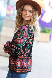 Take The Leap Black & Mauve Border Print Boho Tie Top | Daverri Fashions