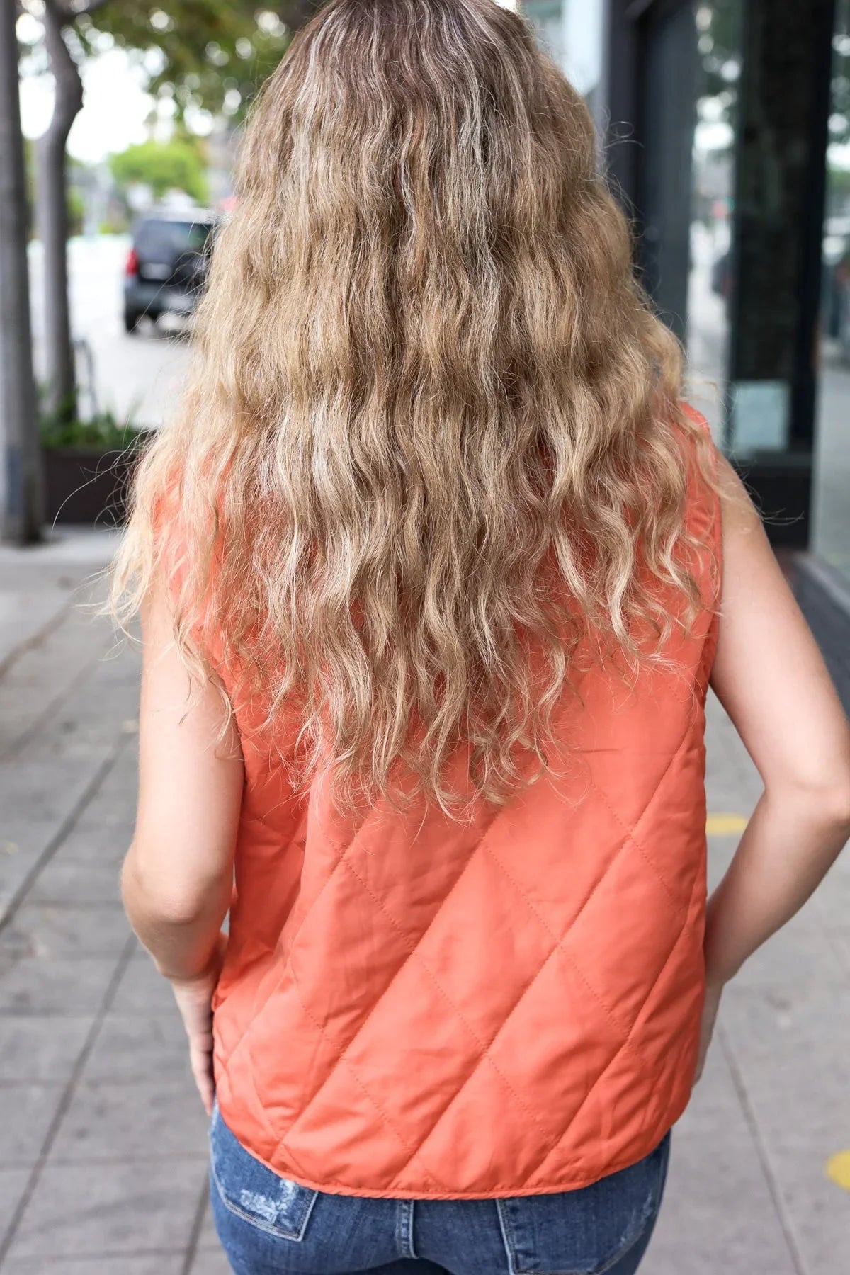 Weekend Ready Rust High Neck Snap Button Quilted Puffer Vest | Daverri Fashions