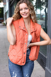 Weekend Ready Rust High Neck Snap Button Quilted Puffer Vest | Daverri Fashions