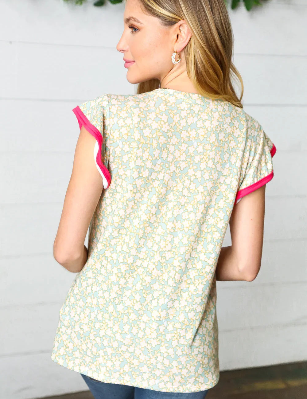 Mint Floral French Terry Ruffle Sleeve Top | 07-01-25 Summer Sale Daverri Fashions