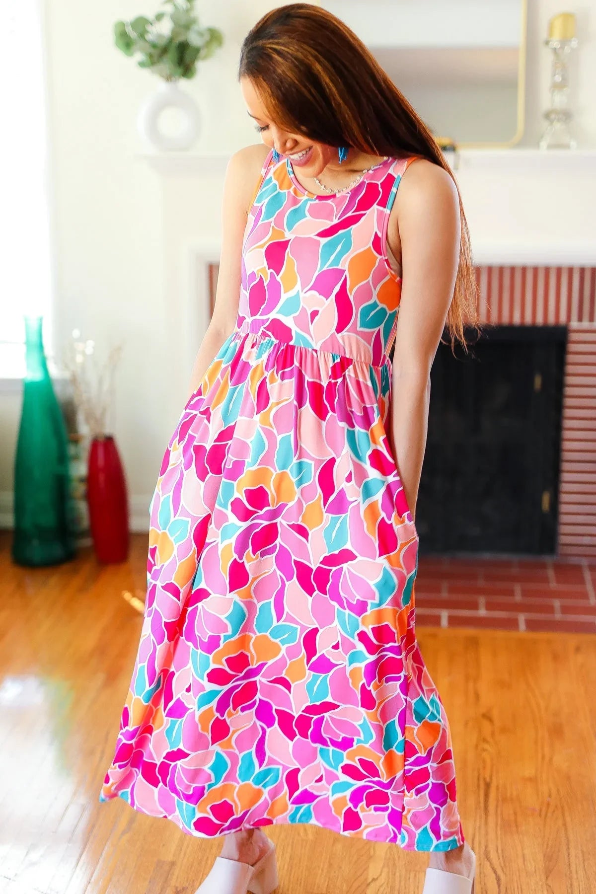 Hello Beautiful Fuchsia Abstract Floral Fit & Flare Maxi Dress | Daverri Fashions