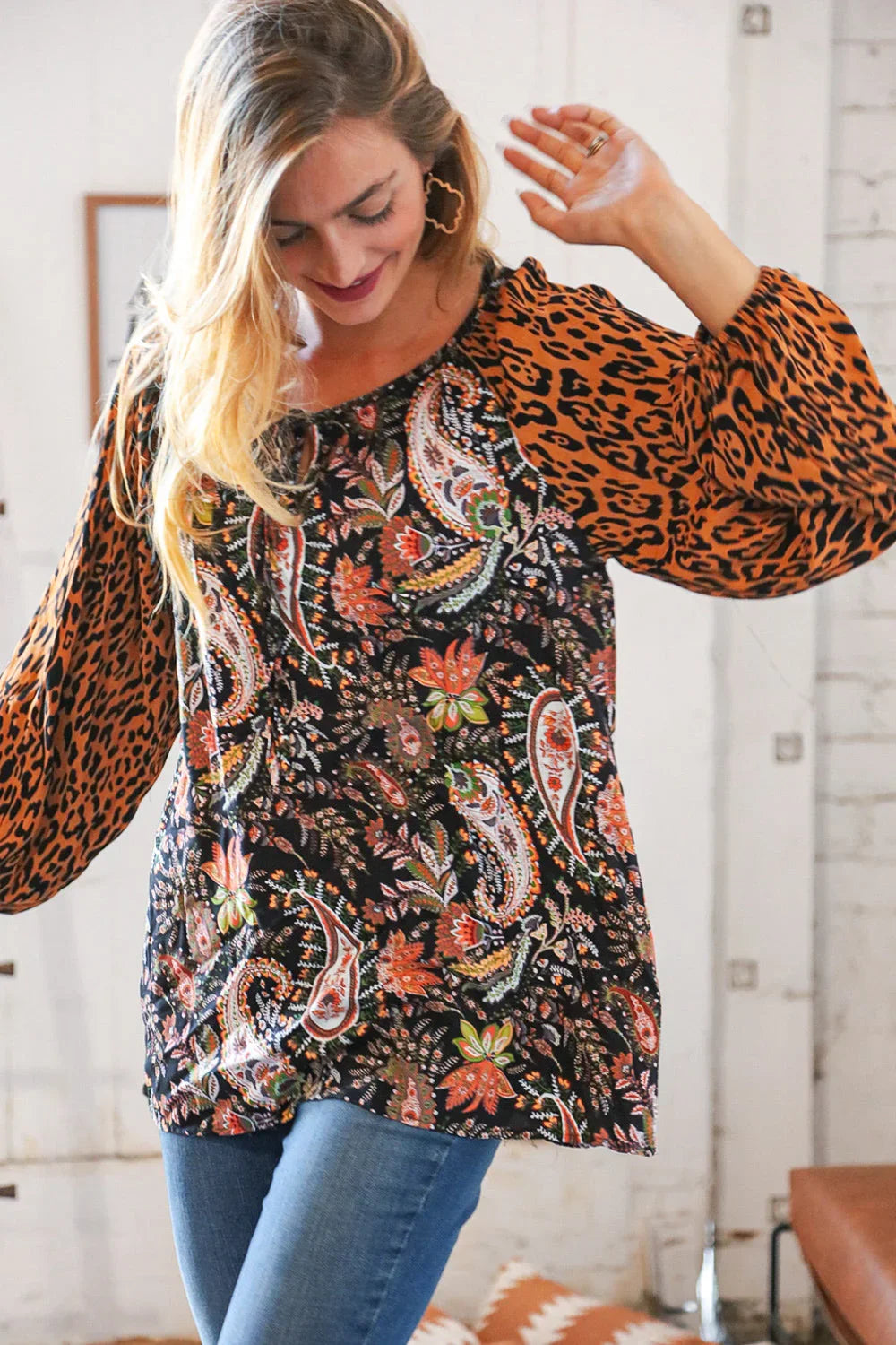Boho Paisley Leopard Print Front Tie Woven Blouse | Daverri Fashions