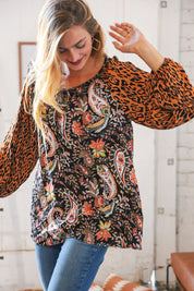 Boho Paisley Leopard Print Front Tie Woven Blouse | Daverri Fashions